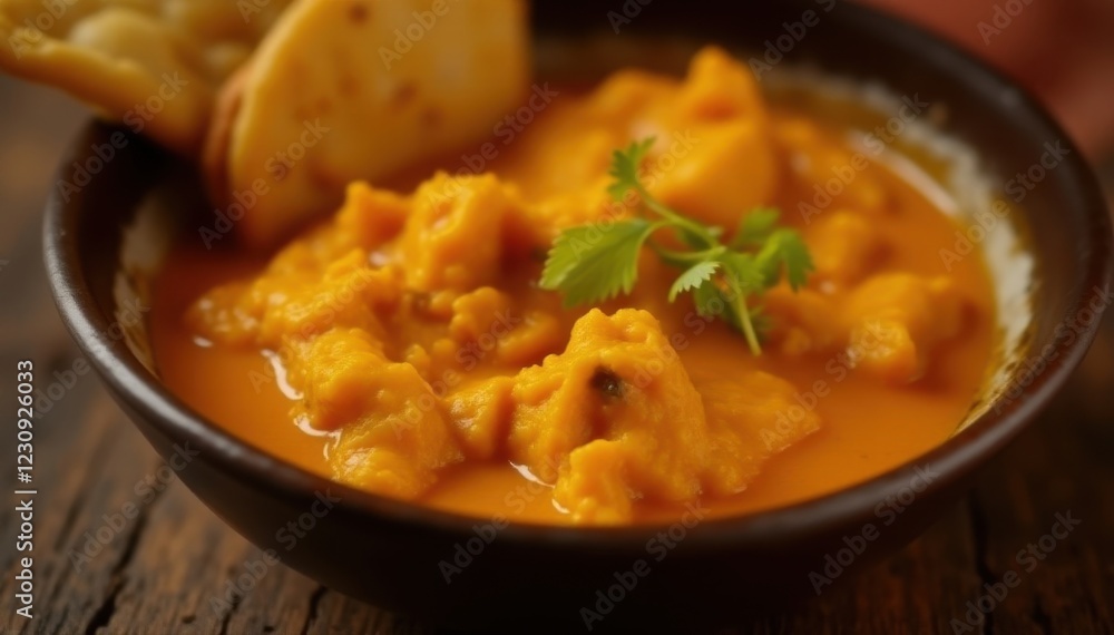 Aromatic bowl of butter chicken with naan bread, chicken, top view, fragrant Aromatic bowl of butter chicken with naan bread, chicken, top view, fragrant