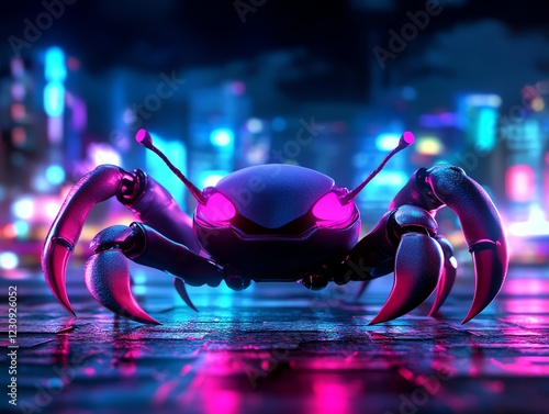 Cybercrab guarding a futuristic underwater city, neon highlights, 3D illustration photo