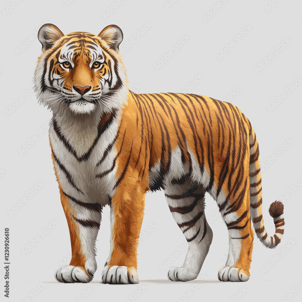 Obraz premium Tiger standing on a white surface with a clear view of its features and posture showcasing the animal in a natural and calm setting