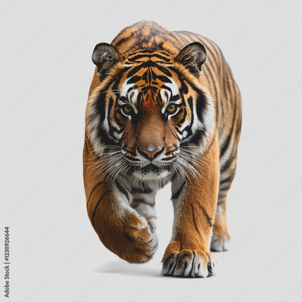 Obraz premium Tiger walking gracefully across a white surface showcasing its vibrant fur and muscular build in natural posture and environment