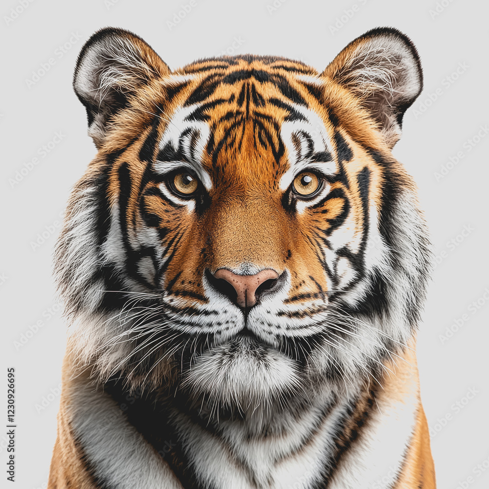 Obraz premium Close-up portrait of a tiger showcasing its large face and prominent features in a natural habitat with vibrant colors and detailed fur texture
