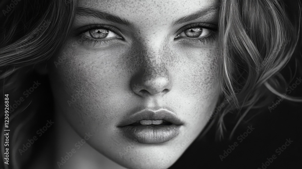 Fototapeta premium Close Up Monochrome Portrait of a Woman with Freckles