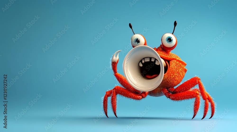 Playful crab using a seashell as a megaphone, cartoonish style, 3D illustration Playful crab using a seashell as a megaphone, cartoonish style, 3D illustration