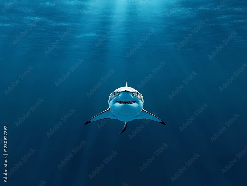 Obraz premium Majestic great white shark swimming in deep blue ocean, realistic textures, 3D illustration