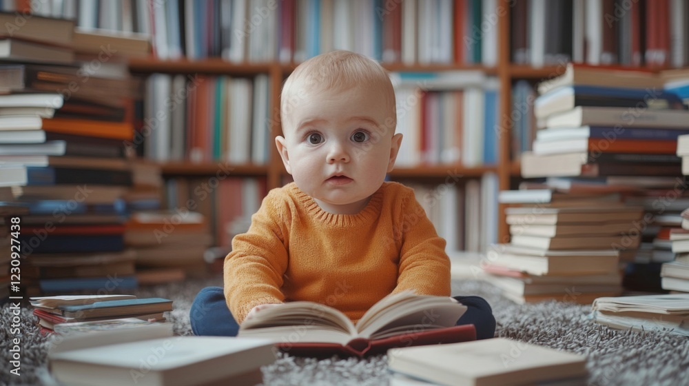 Adorable Baby Sitting Amidst Stacked Books in a Home Library Adorable Baby Sitting Amidst Stacked Books in a Home Library