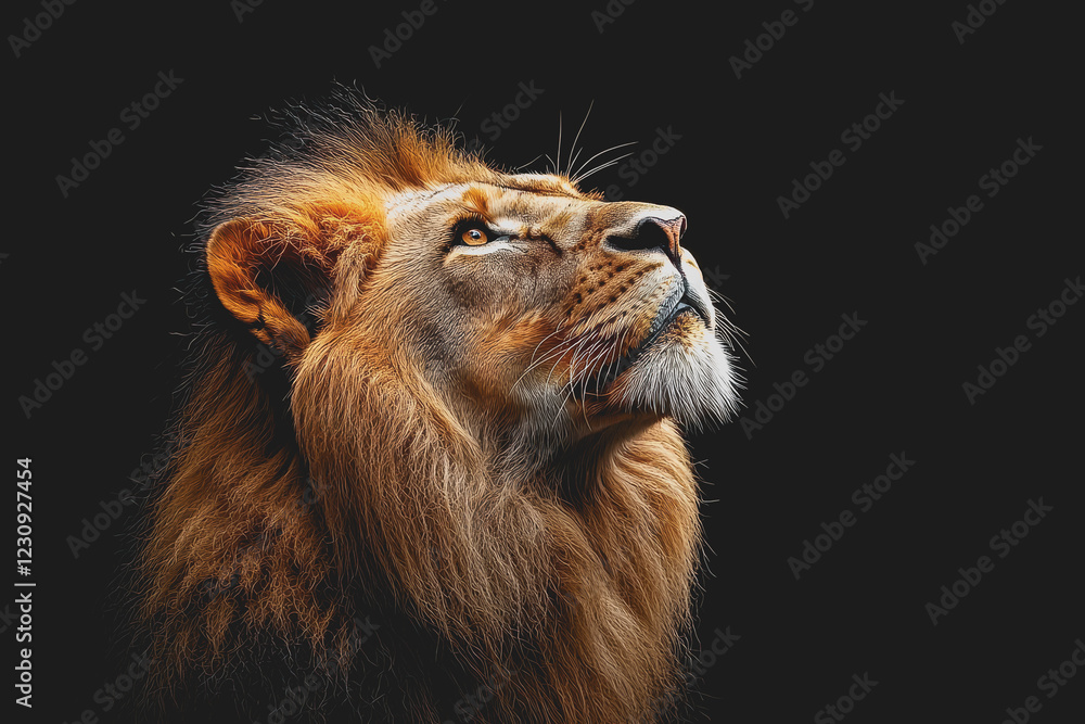 Obraz premium Lion gazing upward towards the sky in a natural habitat setting with green grass and trees in the background during daylight hours