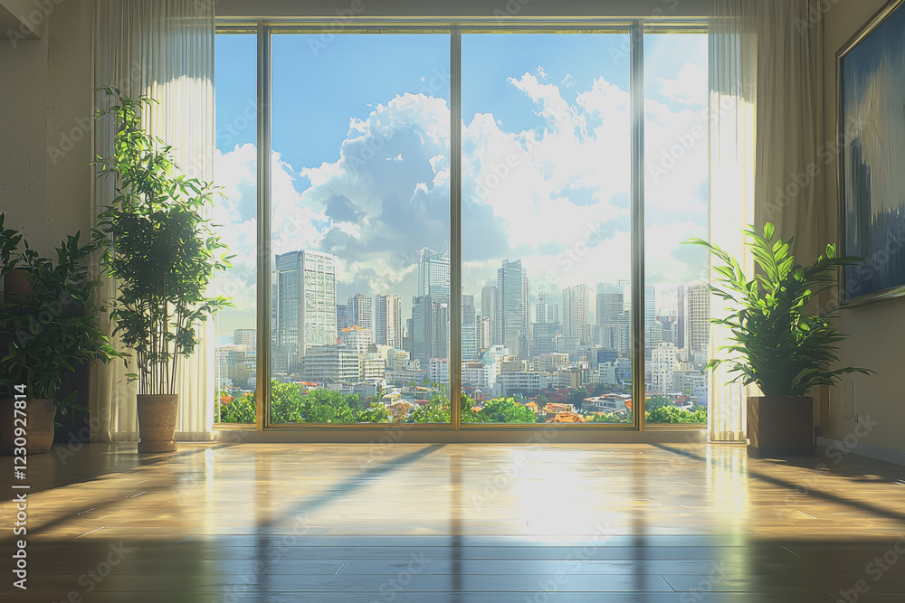Fototapeta premium Modern interior of a room featuring large windows with a panoramic view of a vibrant city skyline during daylight hours