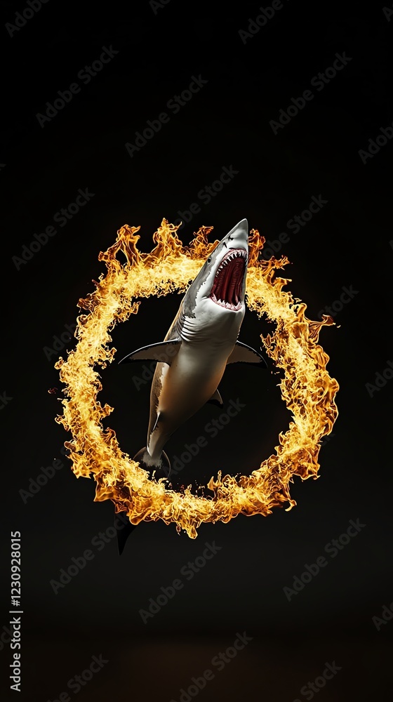 Obraz premium Shark jumping through a ring of fire, circus performance, 3D illustration