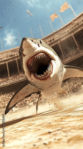 Shark gladiator fighting in an underwater coliseum, epic battle, 3D illustration photo