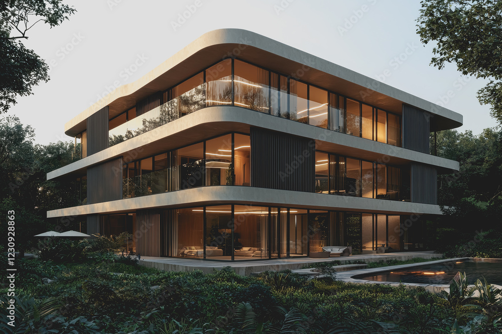 Modern house design featuring a spacious balcony overlooking a swimming pool in a sunny outdoor setting with landscaped gardens and clear blue skies Modern house design featuring a spacious balcony overlooking a swimming pool in a sunny outdoor setting with landscaped gardens and clear blue skies