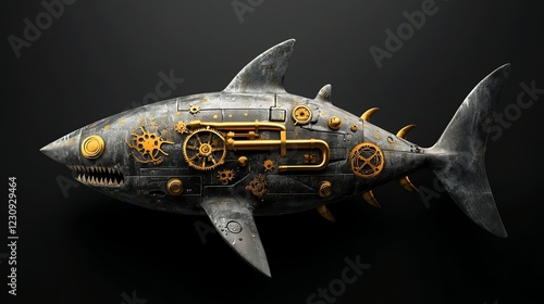 Steampunk mechanical shark with brass gears and steam pipes, vintage scifi, 3D illustration photo