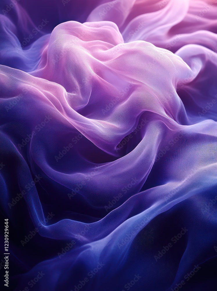 Obraz premium Purple and blue silk fabric drapes, flowing waves, studio background, fashion textile