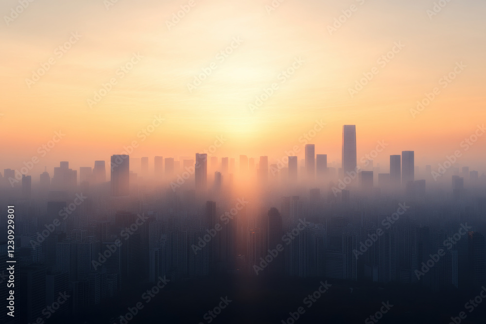 Fototapeta premium A city skyline with a sun setting in the background