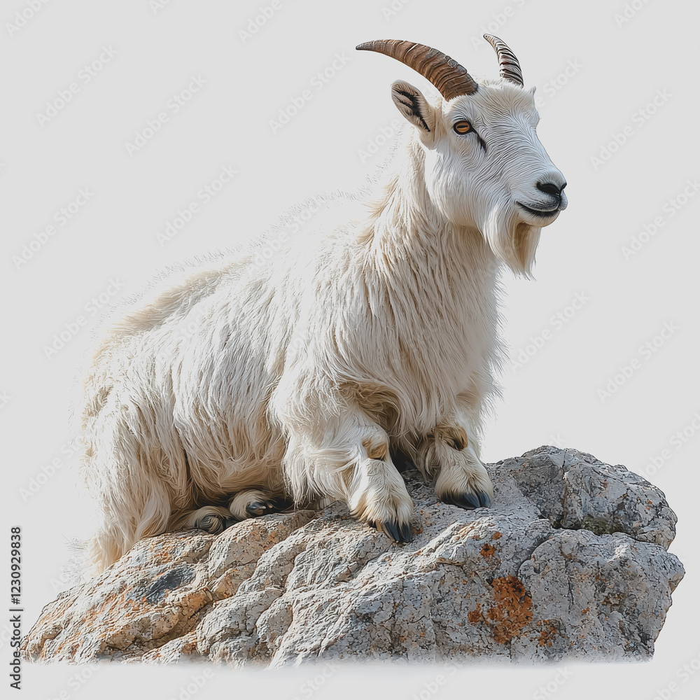 A goat sitting peacefully on a rock in a natural outdoor environment under a clear blue sky surrounded by greenery and scenic landscape A goat sitting peacefully on a rock in a natural outdoor environment under a clear blue sky surrounded by greenery and scenic landscape