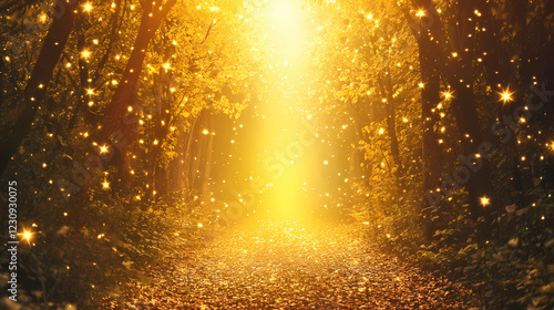 Enchanted forest - a mystical scene of light and nature. Golden Grove. Illustration