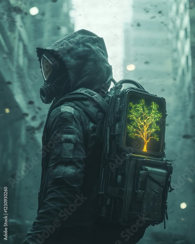 Post-apocalyptic survivor carrying life-sustaining tree in city ruins photo