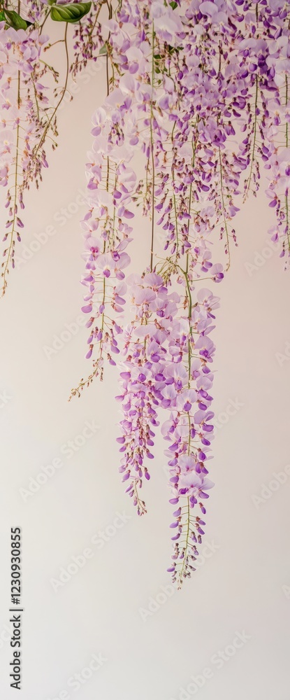 Obraz premium Purple wisteria blooms hang indoors, light background