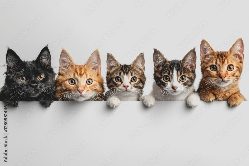 A row of playful kittens curiously peeking over a white wall in a bright and cheerful indoor setting showcasing their adorable faces and personalities A row of playful kittens curiously peeking over a white wall in a bright and cheerful indoor setting showcasing their adorable faces and personalities