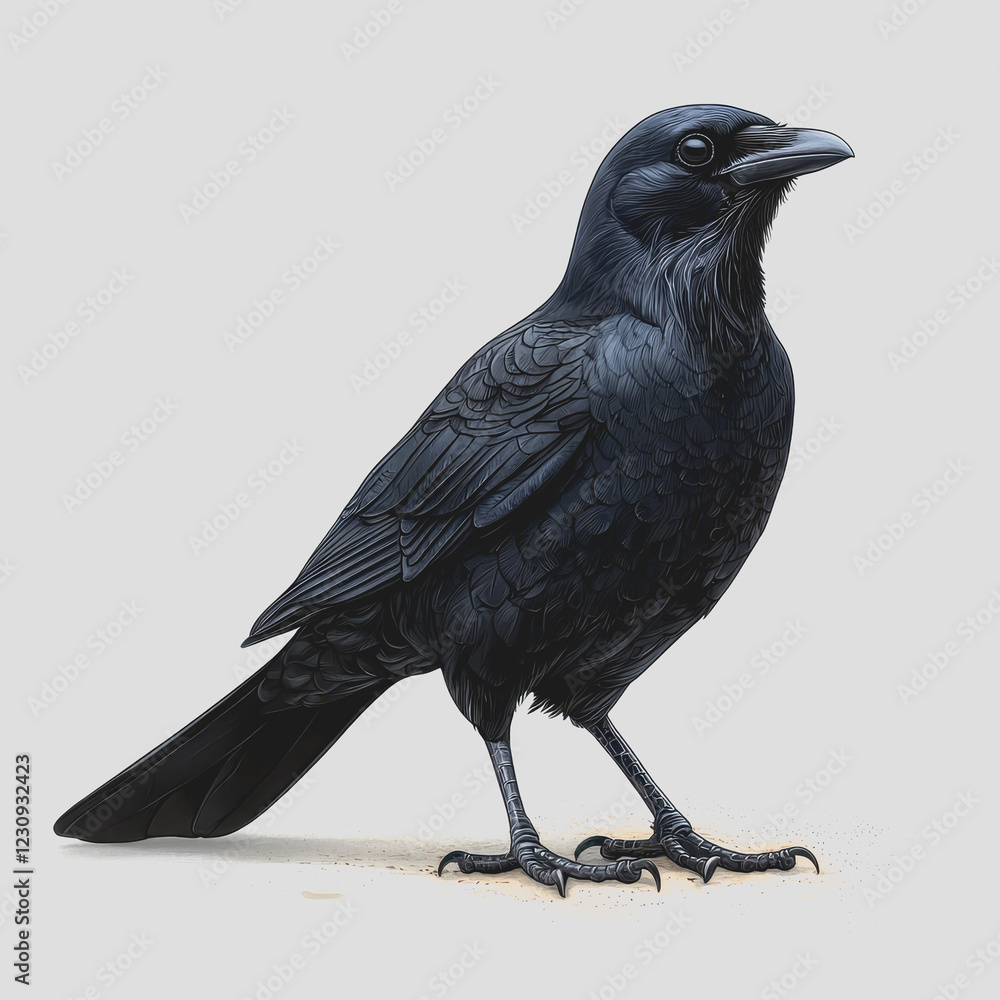 Fototapeta premium Black bird standing on a white surface with a clean background showcasing its features and details in a minimalistic setting