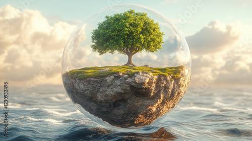 Stunning green tree on floating island surrounded by water, symbolizing nature beauty