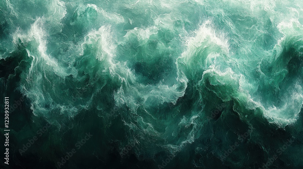 Abstract depiction of turbulent emerald green ocean waves with whitecaps creating a dramatic and dynamic water pattern Abstract depiction of turbulent emerald green ocean waves with whitecaps creating a dramatic and dynamic water pattern