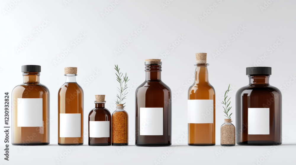 Brown glass bottles of various sizes with cork and black lids, arranged neatly Brown glass bottles of various sizes with cork and black lids, arranged neatly