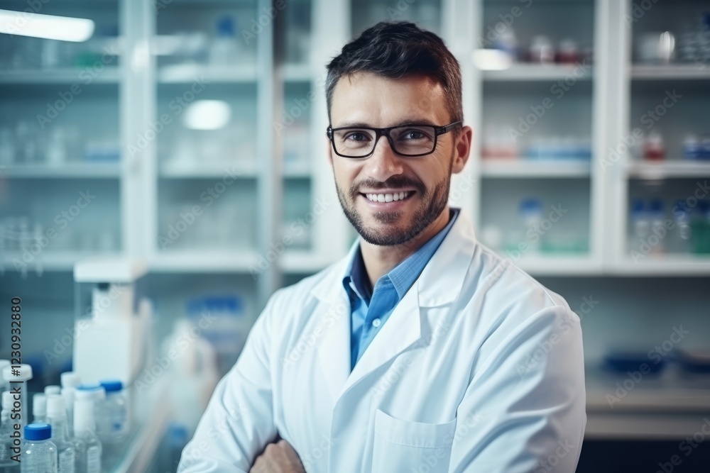 Portrait of a smiling male scientist standing in a lab and looking at camera Portrait of a smiling male scientist standing in a lab and looking at camera