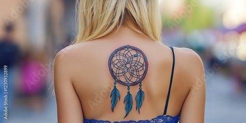 pretty blonde woman with dreamcatcher tattoo  photo