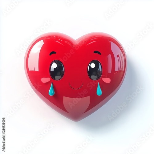 3D comic Red heart icon, crying tears, sad mood, isolated on white background - generative ai