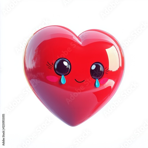 3D comic Red heart icon, crying tears, sad mood, isolated on white background - generative ai