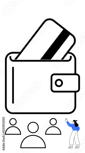 Wallet holding card, minimalist people icons, person pointing. Ideal for finance apps, e-commerce, banking, payment systems, customer interaction, user guides abstract line flat metaphor