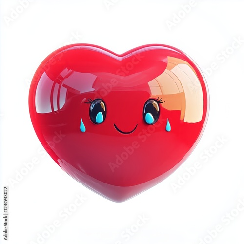 3D comic Red heart icon, crying tears, sad mood, isolated on white background - generative ai