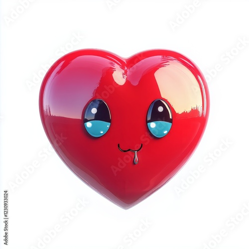 3D comic Red heart icon, crying tears, sad mood, isolated on white background - generative ai