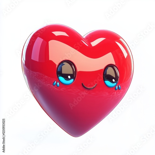 3D comic Red heart icon, crying tears, sad mood, isolated on white background - generative ai