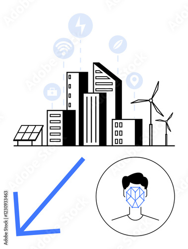 Urban skyline with solar panels, wind turbines, and AI-driven face recognition. Ideal for smart infrastructure, sustainable energy, green technology, AI, urban planning, innovation abstract line