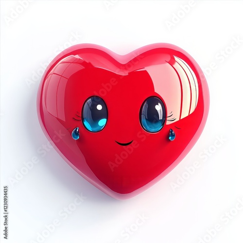3D comic Red heart icon, crying tears, sad mood, isolated on white background - generative ai