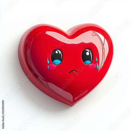 3D comic Red heart icon, crying tears, sad mood, isolated on white background - generative ai
