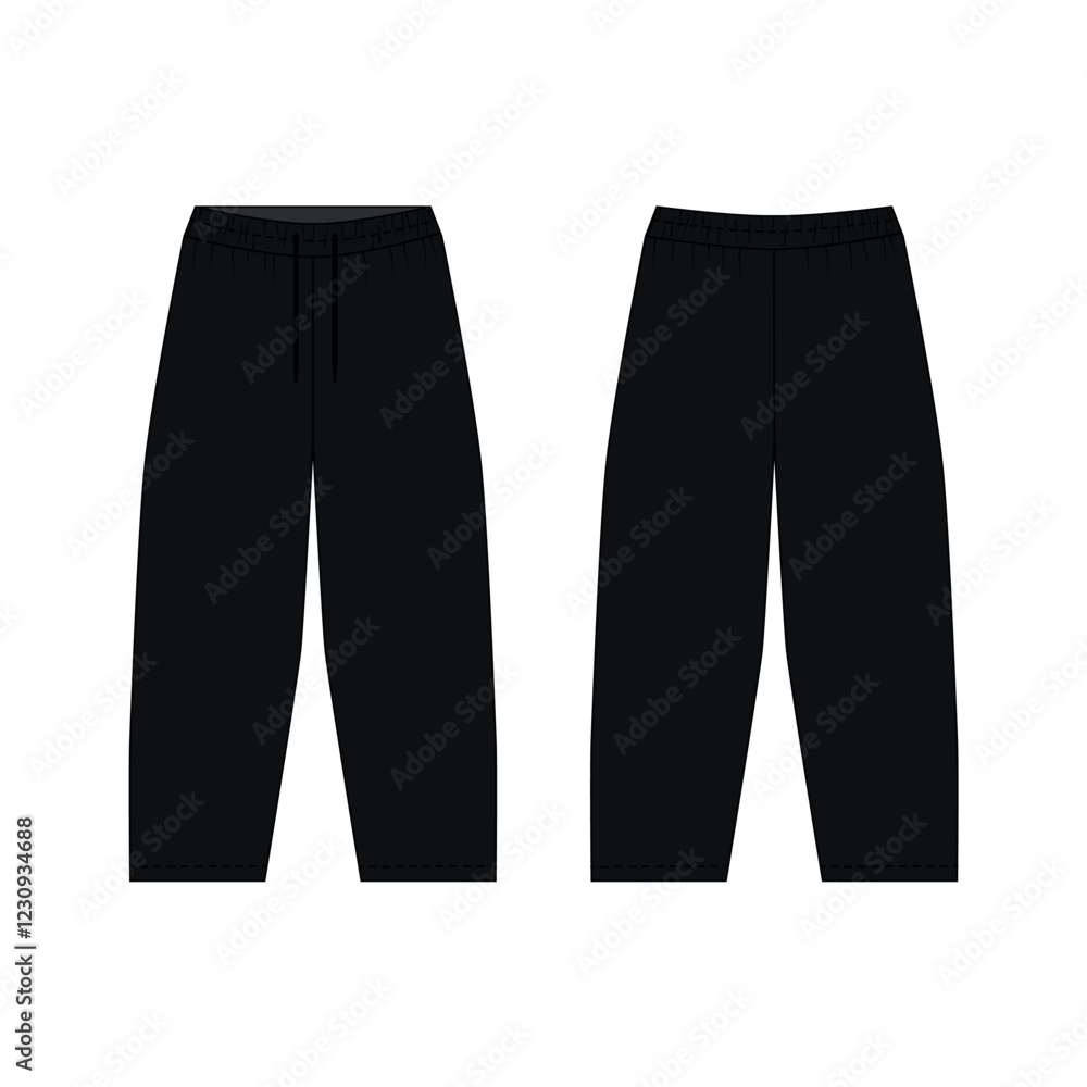 Illustration of sports pants on elastic band, black color, front and back view, vector. Sketch of fashionable joggers pants with barrel cut. Template of sports pants on a drawstring. Illustration of sports pants on elastic band, black color, front and back view, vector. Sketch of fashionable joggers pants with barrel cut. Template of sports pants on a drawstring.