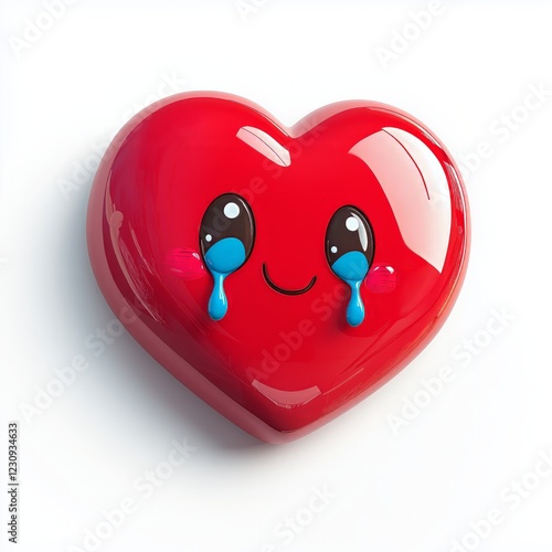3D comic Red heart icon, crying tears, sad mood, isolated on white background - generative ai