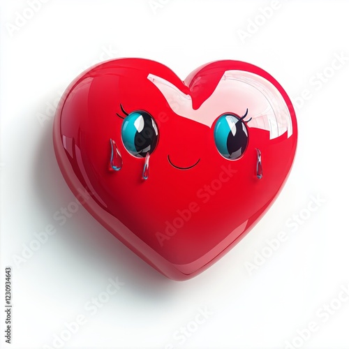 3D comic Red heart icon, crying tears, sad mood, isolated on white background - generative ai