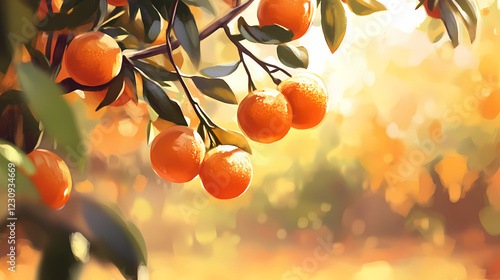 Close-up of ripe oranges on a tree branch with blurred background of an orange grove in the sun. Golden Grove. Illustration