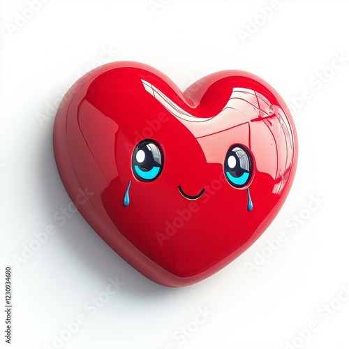 3D comic Red heart icon, crying tears, sad mood, isolated on white background - generative ai