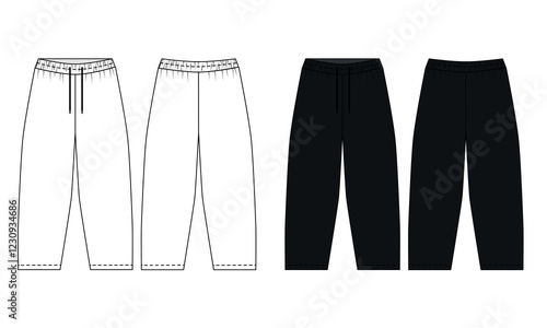 Illustration of sports pants on elastic band, black and white colors, front and back view, vector. Sketch of fashionable joggers pants with barrel cut. Template of sports pants on a drawstring.