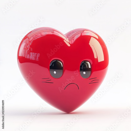 3D comic Red heart icon, crying tears, sad mood, isolated on white background - generative ai