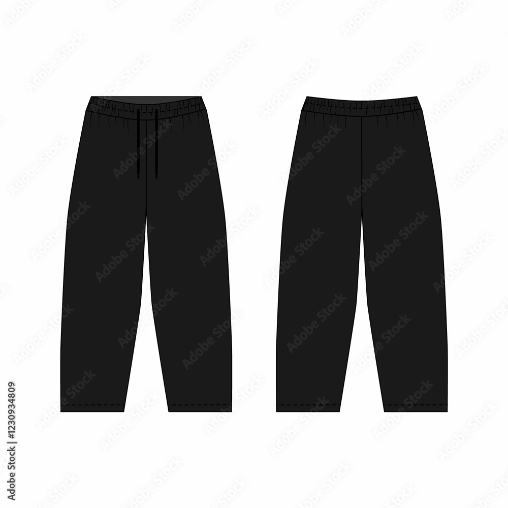 Illustration of sports pants on elastic band, black color, front and back view. Sketch of fashionable joggers pants with barrel cut. Template of sports pants on a drawstring. Illustration of sports pants on elastic band, black color, front and back view. Sketch of fashionable joggers pants with barrel cut. Template of sports pants on a drawstring.