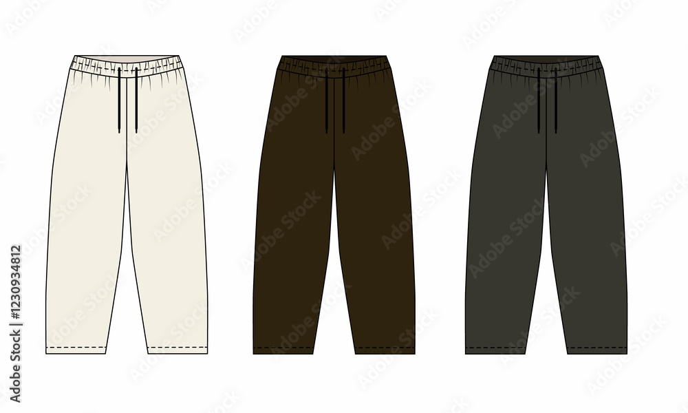 Set of illustration of sports pants on elastic band, white, brown, gray colors, front and back view. Sketch of fashionable running pants with barrel cut. Template of sports pants on a drawstri Set of illustration of sports pants on elastic band, white, brown, gray colors, front and back view. Sketch of fashionable running pants with barrel cut. Template of sports pants on a drawstri