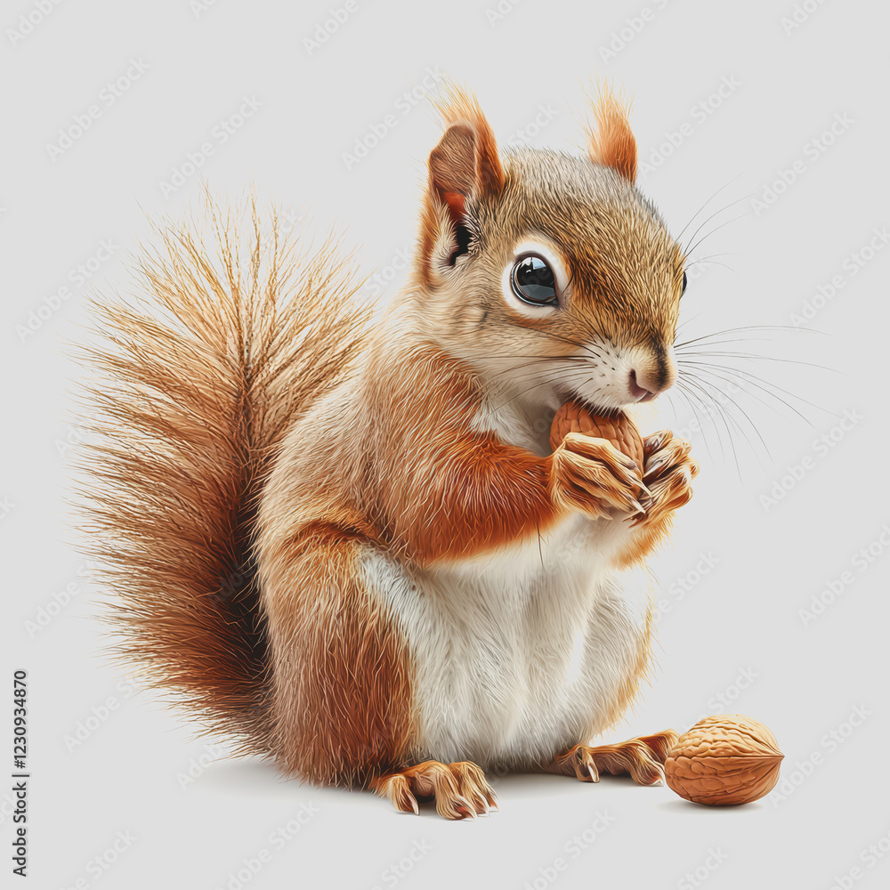 Obraz premium Squirrel eating nut in natural habitat surrounded by greenery and trees captured in bright daylight