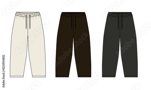 Set of illustration of sports pants on elastic band, white, brown, gray colors, front and back view, vector. Sketch of fashionable running pants with barrel cut. Template of sports pants on a drawstri