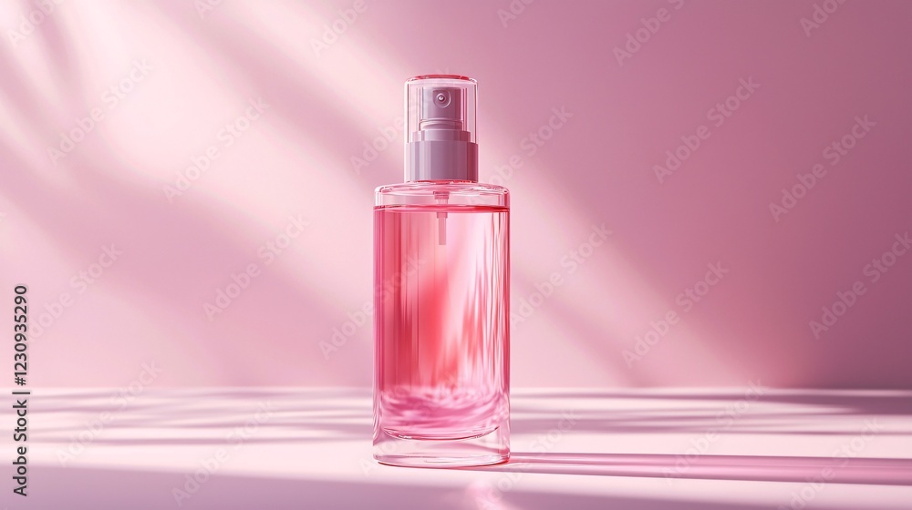 Pink Spray Bottle With Reflections Against Pink Backdrop And Light Streaming From Left Side. Pink Spray Bottle With Reflections Against Pink Backdrop And Light Streaming From Left Side.