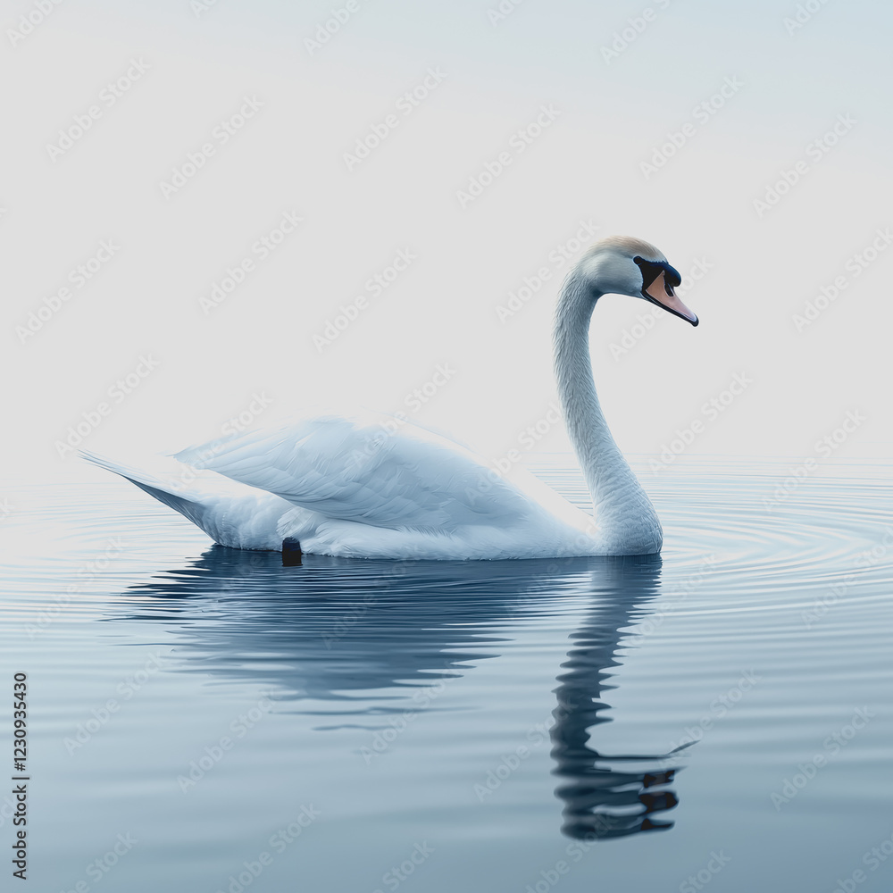 A white swan gracefully floating on calm water in a serene natural environment with reflections and a peaceful setting A white swan gracefully floating on calm water in a serene natural environment with reflections and a peaceful setting